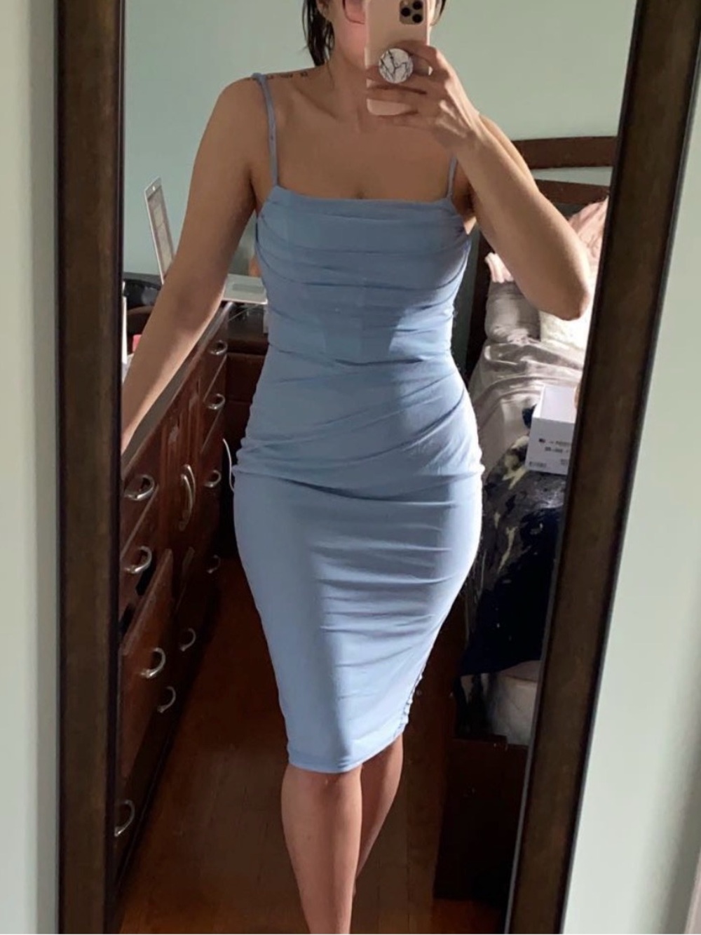 Light Blue Bodycon Midi Dress with Spaghetti Straps